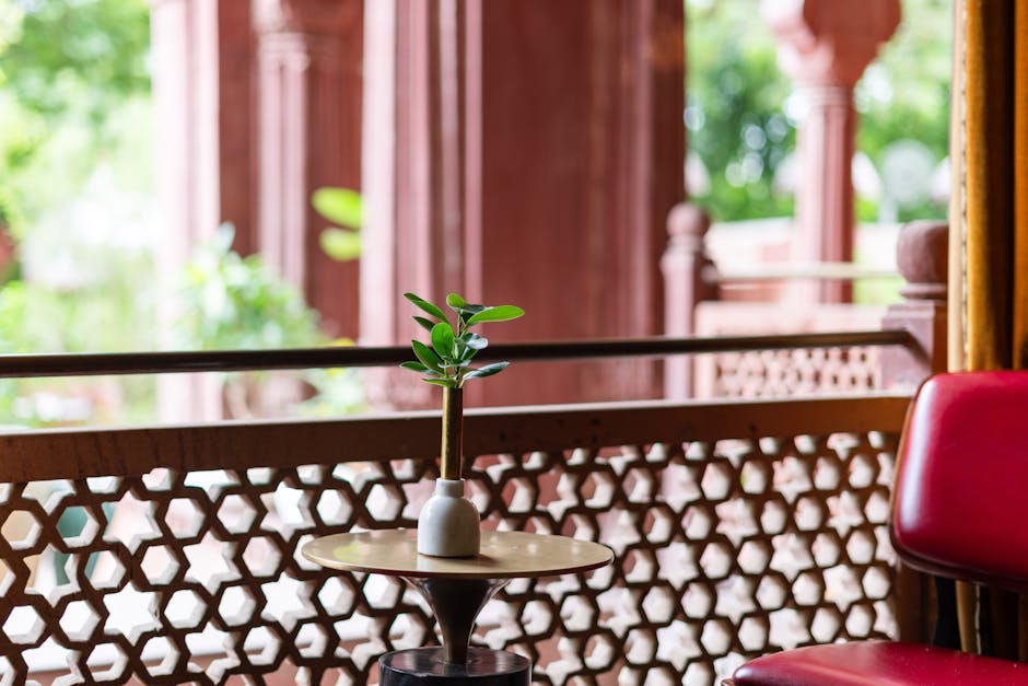 Luxurious interior with traditional Rajasthani architecture in a heritage hotel in Bikaner, India.