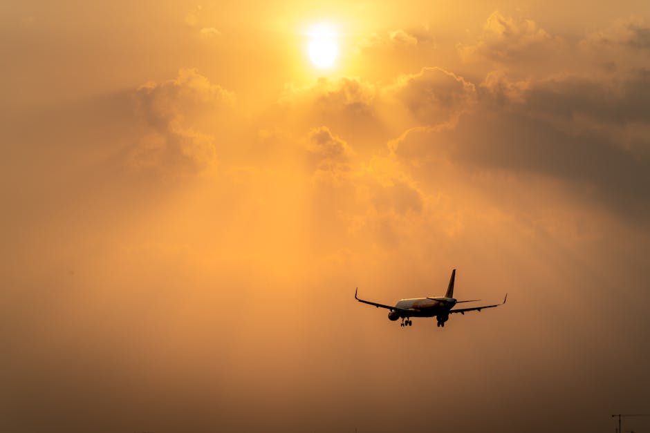 Airplane flying against a golden sunset sky, creating an evocative silhouette.