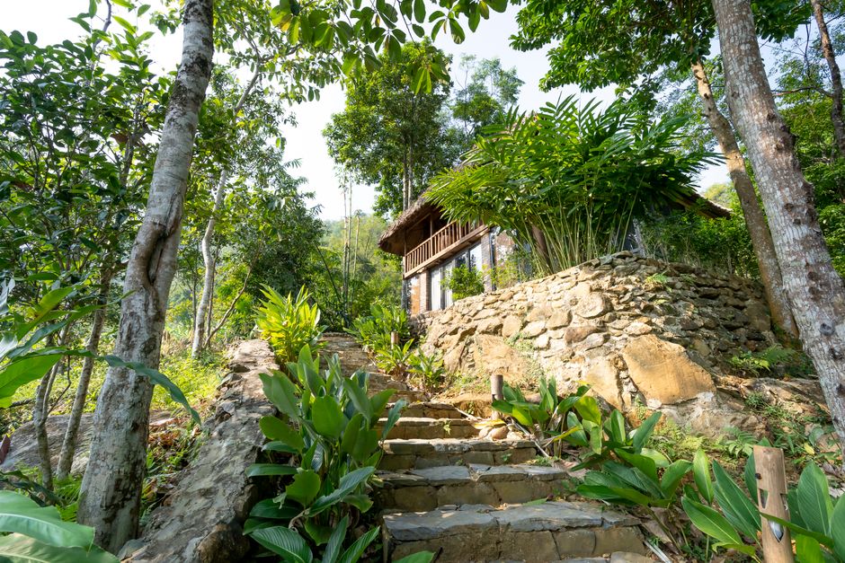 Low angle of small hotel with long outdoor stone stairs located on top of green hill in tropical resort