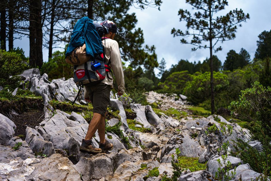 A lone hiker traverses a rocky forest trail in scenic Quiché, Guatemala.