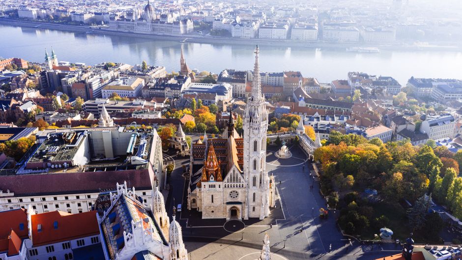 Stunning aerial view of Matthias Church and the Danube River in Budapest, Hungary.
