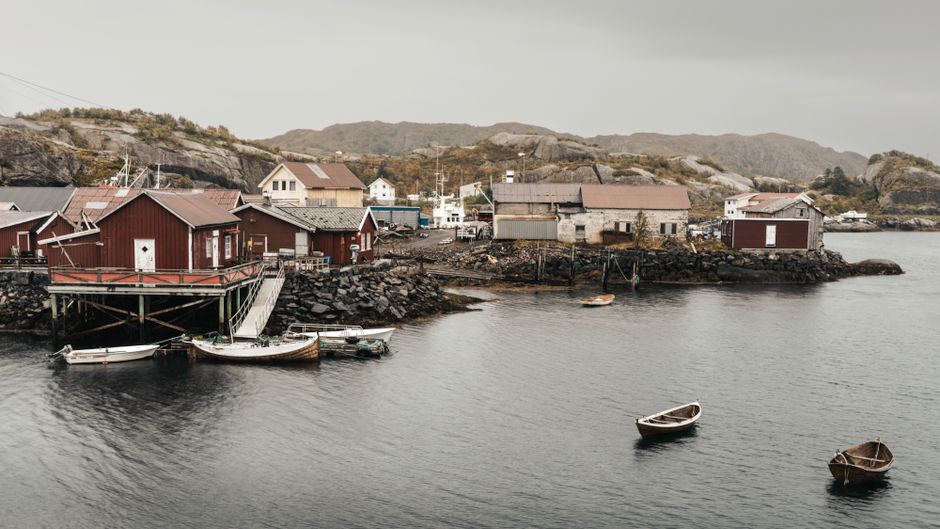 A serene view of a fishing village with anchored boats in Lofoten, Norway.