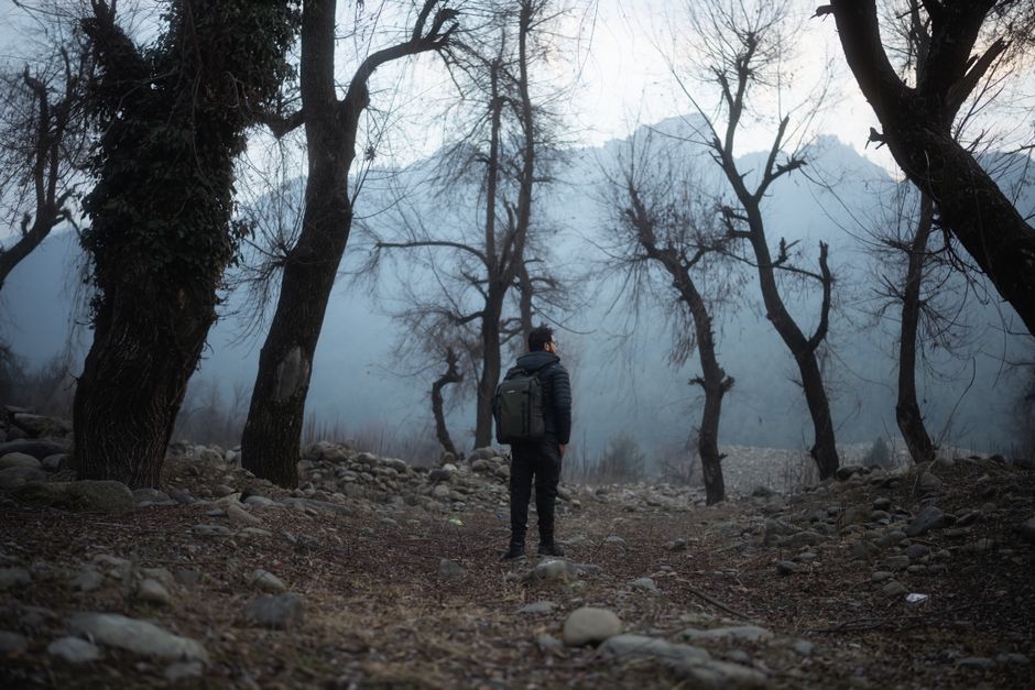 Man with a backpack exploring a misty forest path, surrounded by barren trees.