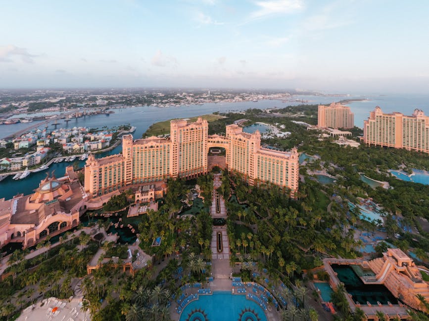 Stunning drone shot of the iconic Atlantis Resort in the Bahamas, showcasing its luxury and beauty.