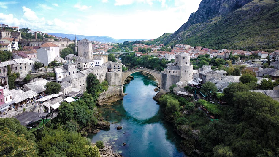 Stunning aerial view of Stari Most, a historic bridge in Mostar, Bosnia and Herzegovina.
